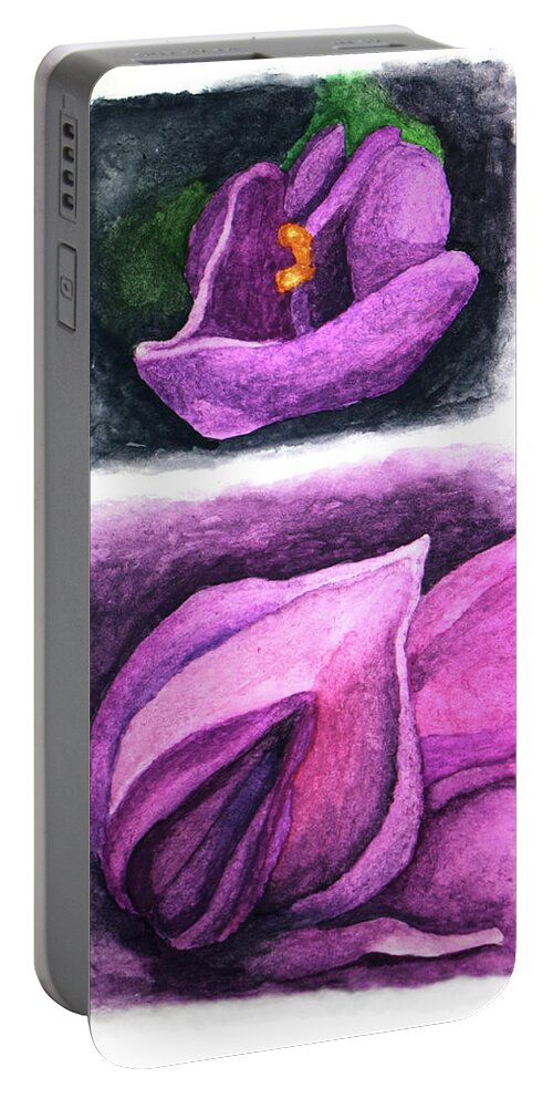 Nature Flowers Portable Battery Charger featuring the painting Wisteria Buds Up Close I and II by Robert Morin