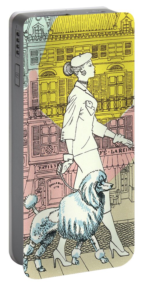 Animal Portable Battery Charger featuring the drawing Woman walking in the city with poodle by CSA Images