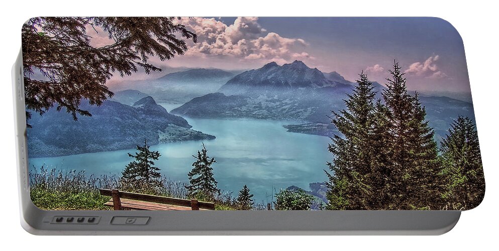 Switzerland Portable Battery Charger featuring the photograph Wooden Bench by Hanny Heim