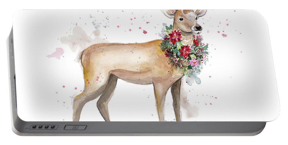 Woodland Portable Battery Charger featuring the painting Woodland Deer With Wreath by Patricia Pinto