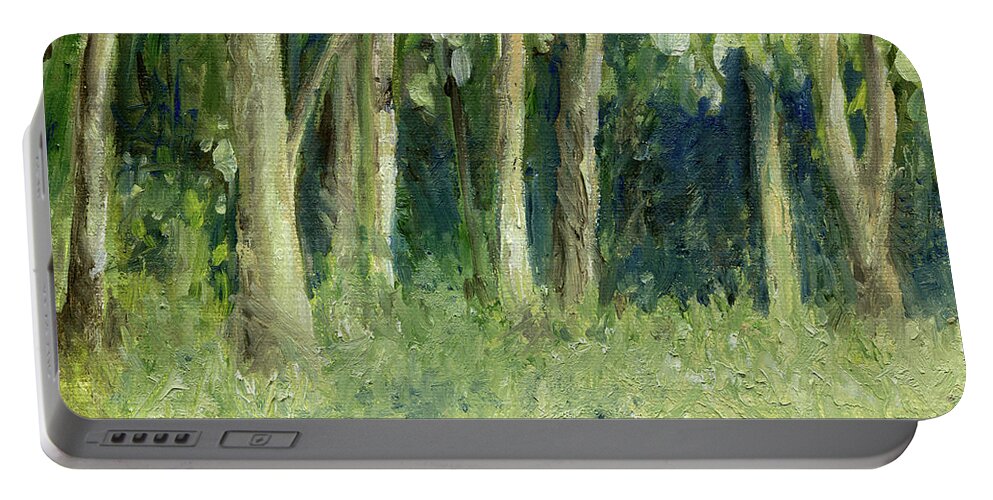 Oil Painting Portable Battery Charger featuring the painting Woodland Tree Line by Laurie Rohner