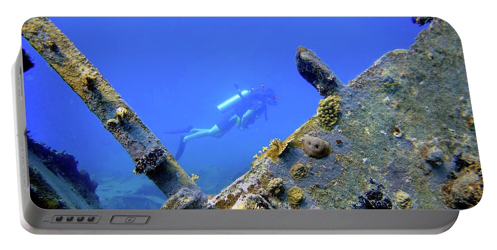 Scuba Portable Battery Charger featuring the photograph Wreck Framed by Climate Change VI - Sales