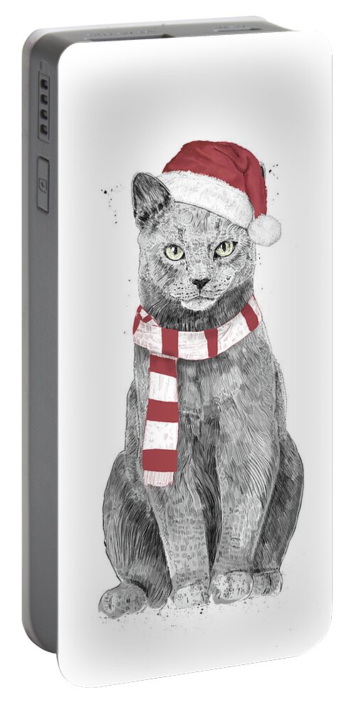 #faaAdWordsBest Portable Battery Charger featuring the mixed media Xmas cat by Balazs Solti
