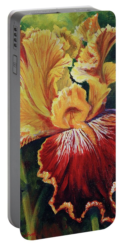 Yellow Portable Battery Charger featuring the painting Yellow and Gold Iris by Cynthia Westbrook