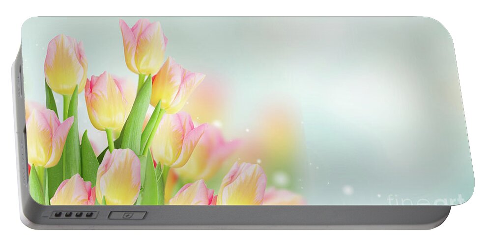 Pink Portable Battery Charger featuring the photograph Yellow And Pink Tulips by Anastasy Yarmolovich