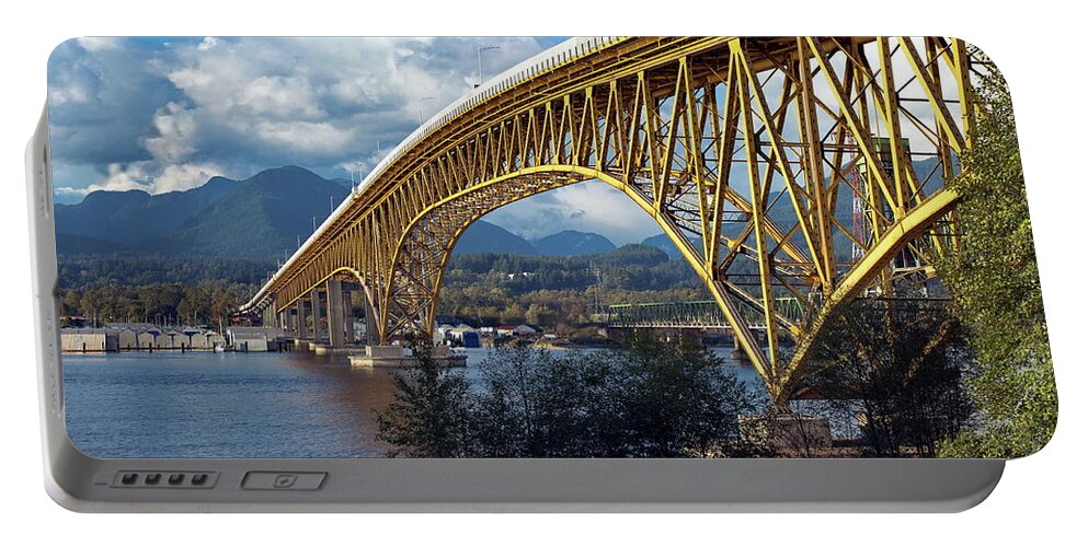 Alex Lyubar Portable Battery Charger featuring the photograph Yellow bridge across the inlet by Alex Lyubar
