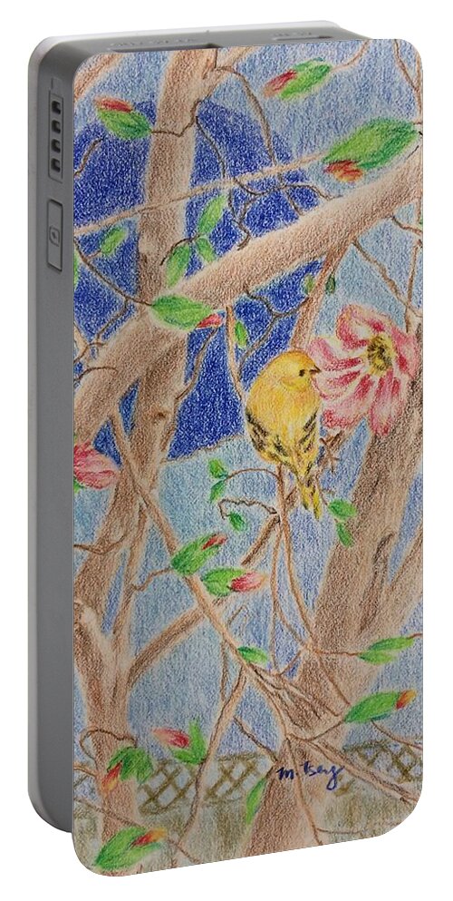 Framed Prints Portable Battery Charger featuring the drawing Yellow finch and magnolia blossoms by Milly Tseng