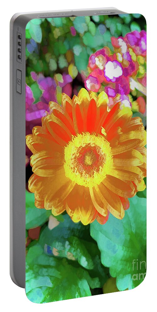 Abstract Portable Battery Charger featuring the photograph Yellow flower with green leaf abstract by Phillip Rubino
