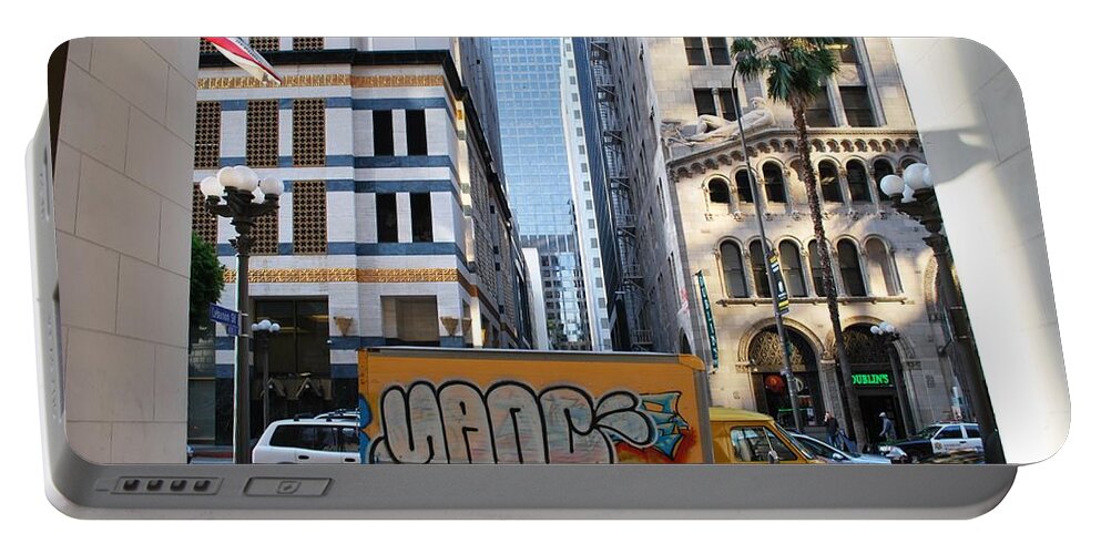 City Portable Battery Charger featuring the photograph Yellow Graffiti Truck Downtown LA by Matt Quest