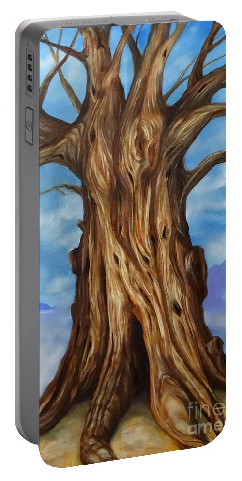 Tree Landscape Sky Ground Mountain Clouds Mist Light Dark Shadow Colour White Blue Brown Yellow Grey Orange Mystery Allegory Life Portable Battery Charger featuring the painting Yggdrasill by Ida Eriksen