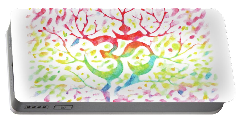 Yoga Mantra Om Tree Portable Battery Charger featuring the drawing Yoga mantra om tree-Watercolor,Colourful,Dazzling,ImpressionismHandmade,Hand-painted,Greeting Card by Artto Pan