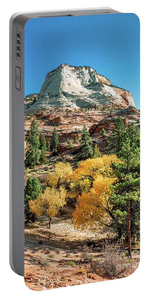 Zion National Park Portable Battery Charger featuring the photograph Zion Autumn White Peak and Yellow Leaves by Aloha Art