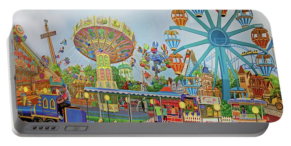 Amusement Parks Portable Battery Charger featuring the painting Adventureland #1 by Bonnie Siracusa
