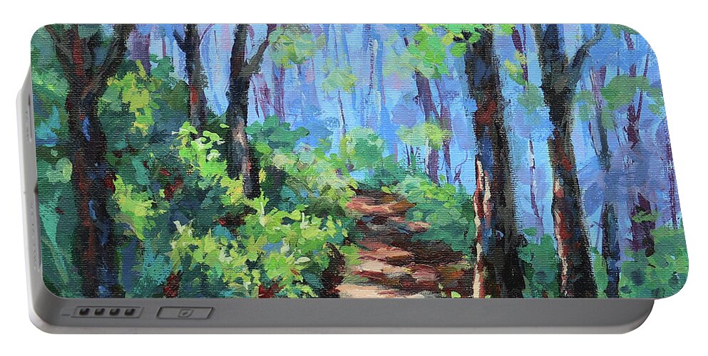 Forest Portable Battery Charger featuring the painting Along the Path #1 by Karen Ilari