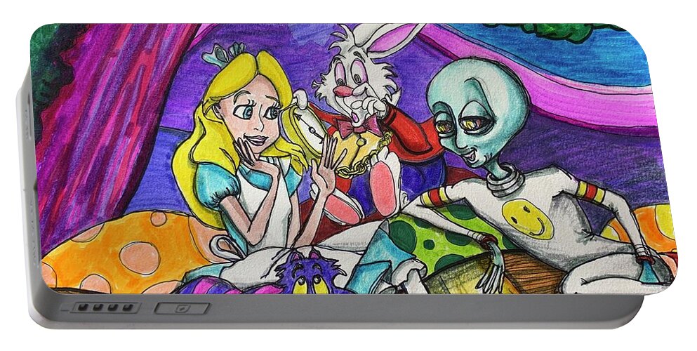 Alice In Wonderland Portable Battery Charger featuring the drawing An Alien in Wonderland #1 by Similar Alien