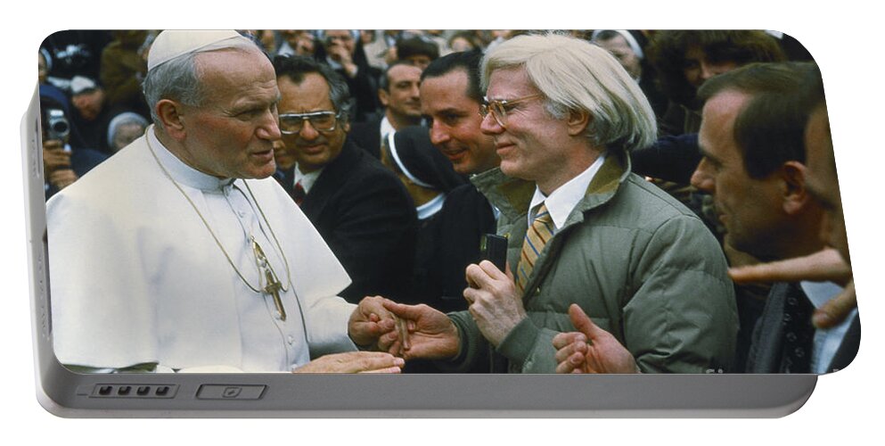 Andy Warhol Portable Battery Charger featuring the photograph Andy Warhol and Pope John Paul II #1 by Lionello Fabbri