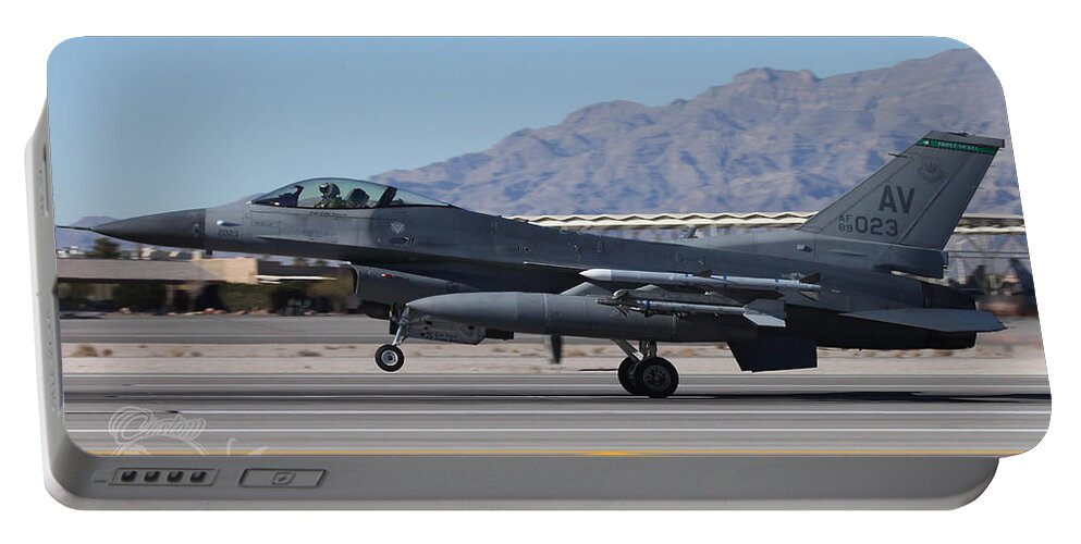 Falcon Portable Battery Charger featuring the photograph Aviano F-16C 89-023 Blasts Off 21R at Nellis AFB #1 by Custom Aviation Art