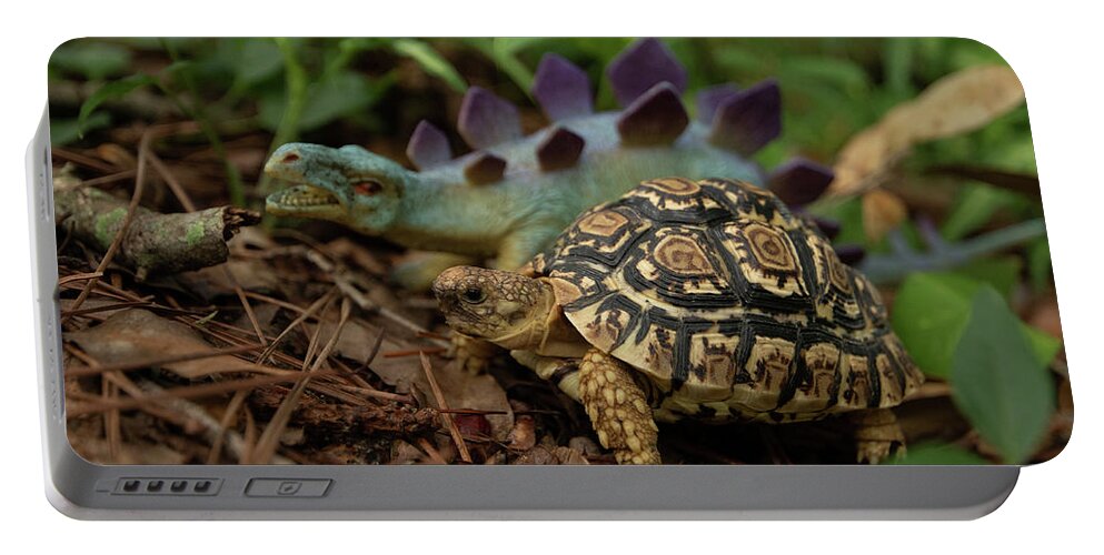 Dinosaur Portable Battery Charger featuring the photograph Backyard Dinosaur with Tortoise #1 by Carolyn Hutchins