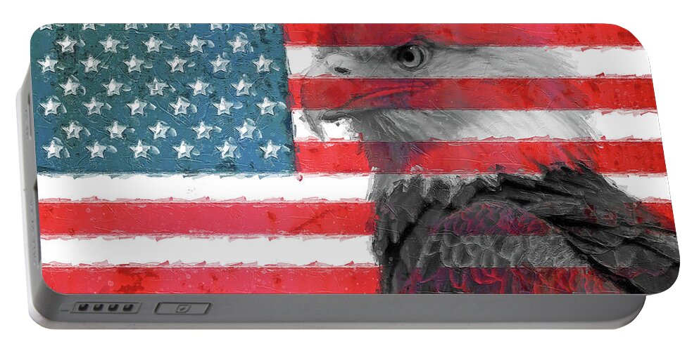 Patriotic Eagle Portable Battery Charger featuring the mixed media Bald Eagle American Flag #1 by Dan Sproul