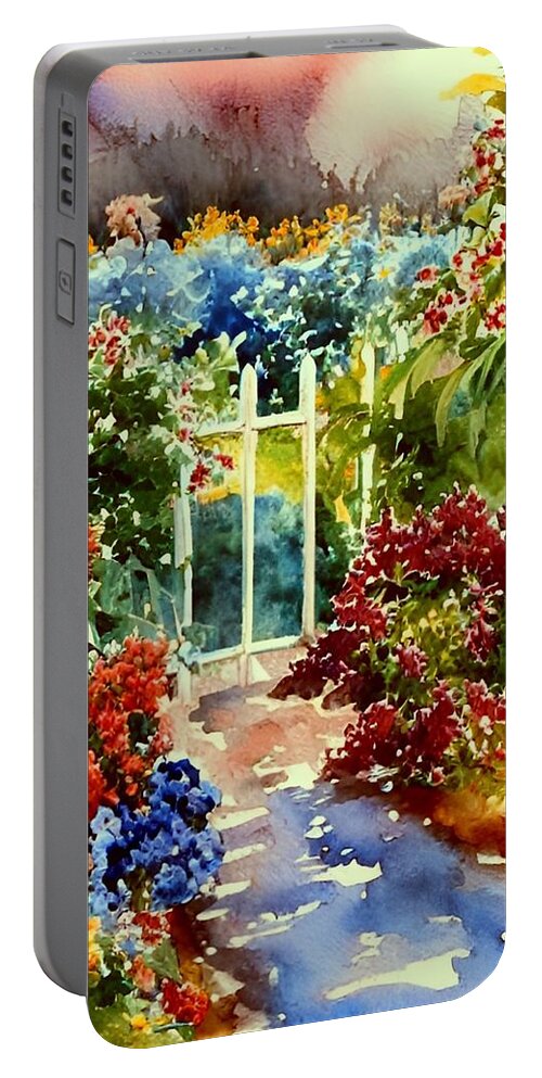 Watercolor Portable Battery Charger featuring the painting Behind the Garden Gate #1 by Bonnie Bruno