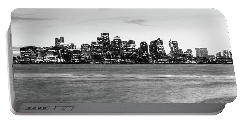 2014 Portable Battery Charger featuring the photograph Boston Skyline Cityscape at Night Black and White #1 by Paul Velgos