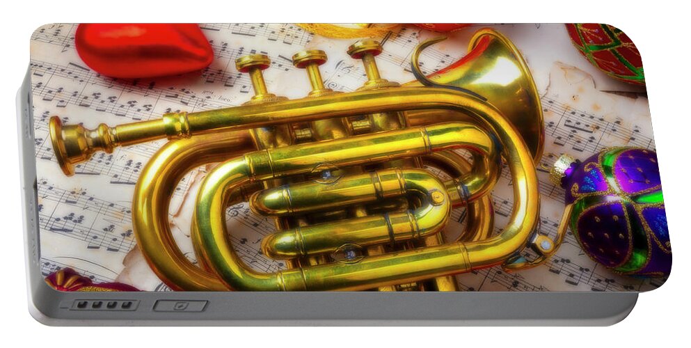 Fancy Portable Battery Charger featuring the photograph Brass Pocket Trumpet And Christmas Ornaments #1 by Garry Gay