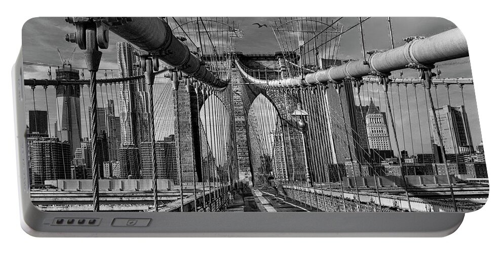 Nyc Portable Battery Charger featuring the photograph Brooklyn Bridge Black White #1 by Chuck Kuhn
