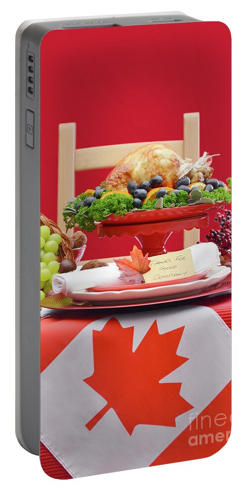 Apple Portable Battery Charger featuring the photograph Canadian Christmas or Thanksgiving Table with maple leaf flag.. #1 by Milleflore Images