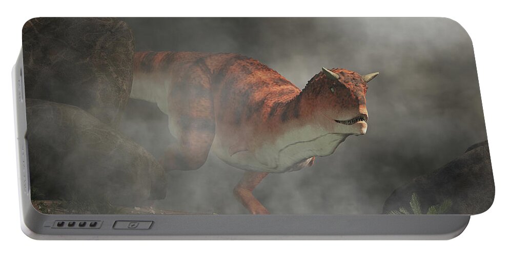 Carnotaurus Portable Battery Charger featuring the digital art Carnotaurus emerging from fog #1 by Daniel Eskridge