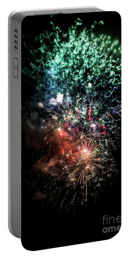Fireworks Portable Battery Charger featuring the photograph Celebration With Bright Colorful Fireworks Over Black Sky #1 by Andreas Berthold