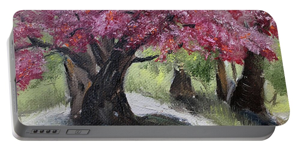 Cherry Blossoms Portable Battery Charger featuring the painting Cherry Blossoms in the Park #1 by Roxy Rich
