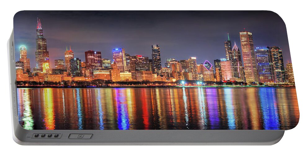 Chicago Skyline Portable Battery Charger featuring the photograph Chicago Skyline 2021 NIGHT Panorama by Jon Holiday