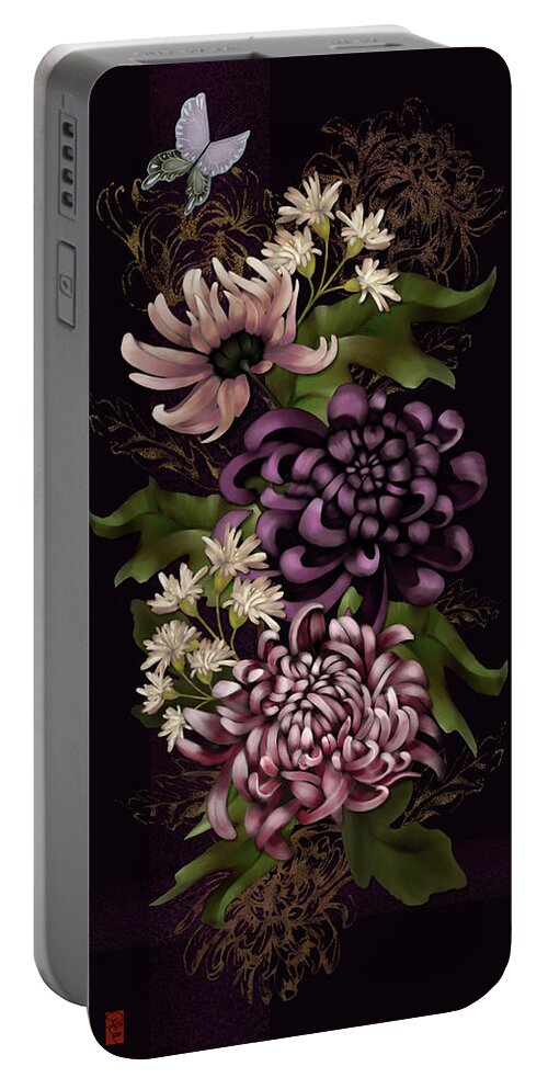 Chinoiserie Portable Battery Charger featuring the digital art Chrysanthemums and Butterfly Modern Chinoiserie dark purple by Sand And Chi