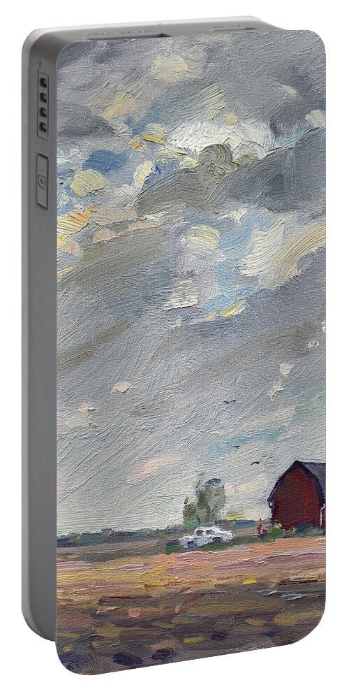 Cloudy Portable Battery Charger featuring the painting Cloudy Day at the Farm by Ylli Haruni