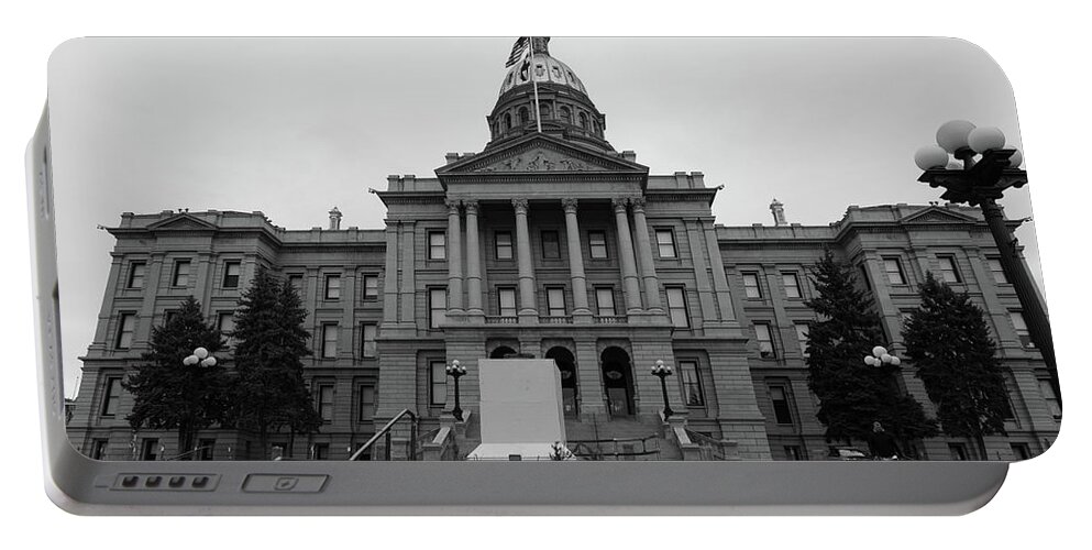 Usa Government Portable Battery Charger featuring the photograph Colorado state capitol building in Denver Colorado in black and white #1 by Eldon McGraw