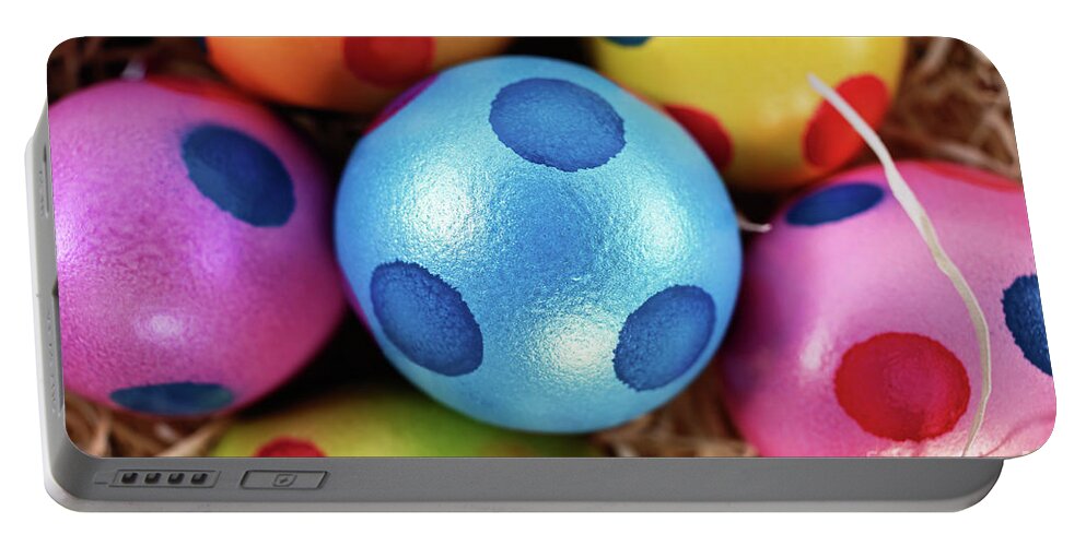 Easter Portable Battery Charger featuring the photograph Colorful Easter eggs with polka dots in a basket #1 by Mendelex Photography