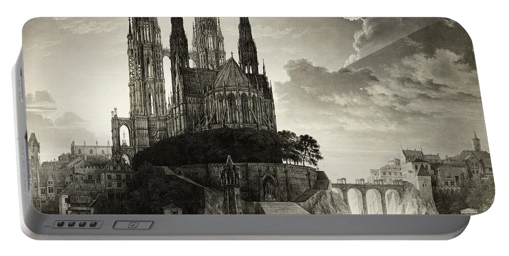 Shakespeare Portable Battery Charger featuring the painting Copy by August Wilhelm Julius Ahlborn Gothic cathedral at the water Karl Friedrich Schinkel1823 #1 by MotionAge Designs