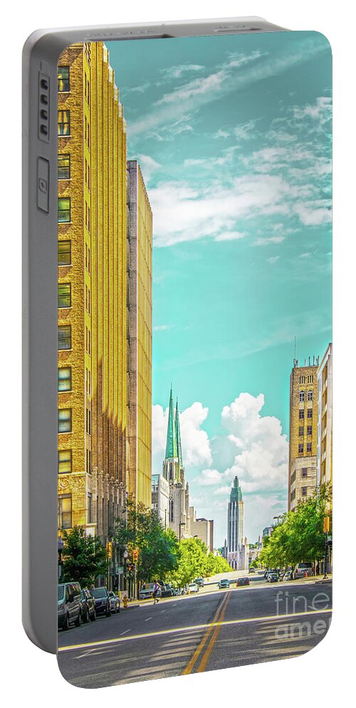Main Street Portable Battery Charger featuring the photograph Downtown Tulsa with turquoise sky - Modern and Art Deco building #1 by Susan Vineyard