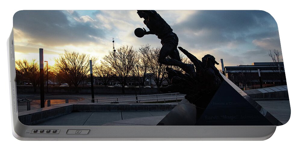 Msu Spartans Portable Battery Charger featuring the photograph Earvin Magic Johnson statue at sunset at Michigan State University by Eldon McGraw