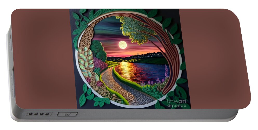 Evening Walk - Quilling Portable Battery Charger featuring the digital art Evening Walk - Quilling by Jay Schankman