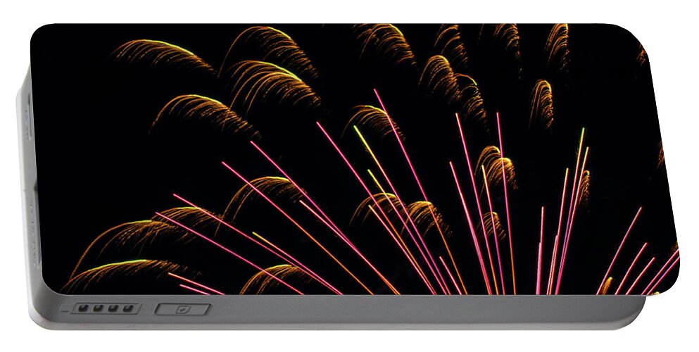 Purple Yellow Romeoville Fireworks Portable Battery Charger featuring the photograph Fireworks in Romeoville, Illinois #1 by David Morehead
