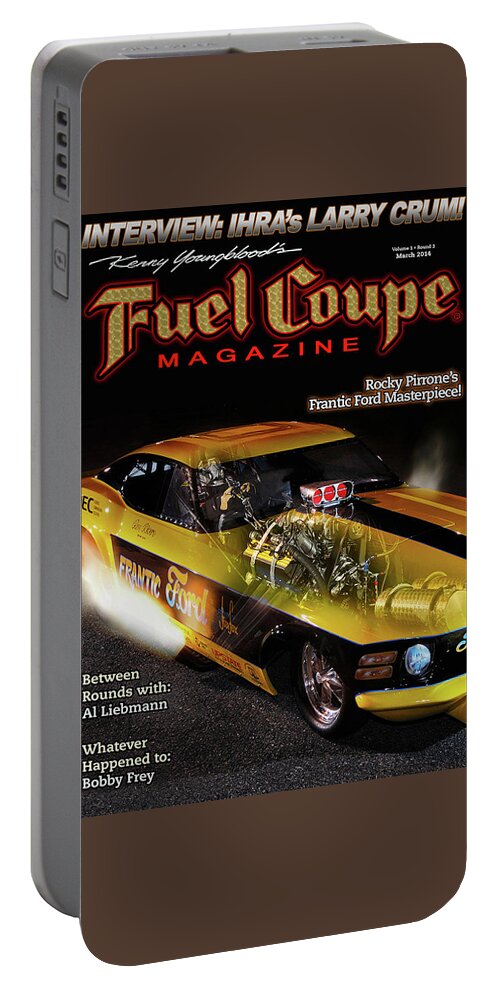 Funny Car Portable Battery Charger featuring the pyrography Fuel Coupe Magazine #1 by Kenny Youngblood