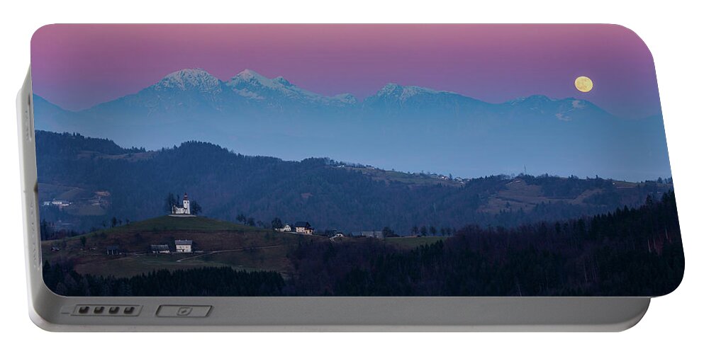 Sveti Portable Battery Charger featuring the photograph Full Moon over Church of Saint Thomas #1 by Ian Middleton