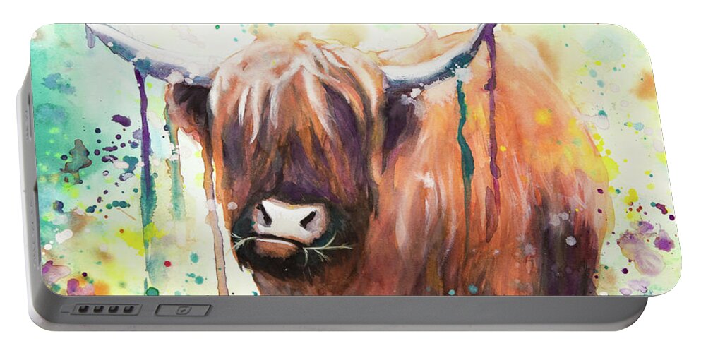 Highland Cow Portable Battery Charger featuring the painting Grazing by Kirsty Rebecca