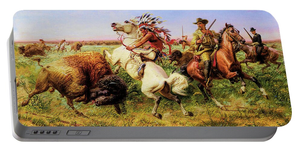 Western Portable Battery Charger featuring the painting Great Royal Buffalo Hunt #1 by Louis Maurer
