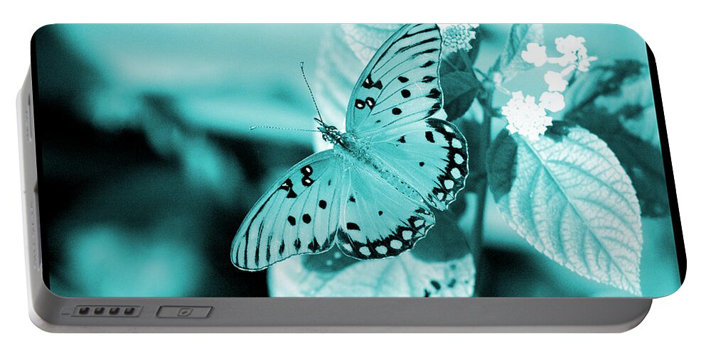 Gulf Portable Battery Charger featuring the photograph Gulf Fritillary Butterfly Cyan Filmstrip 1 by David Weeks