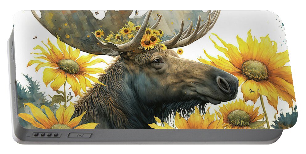 Moose Portable Battery Charger featuring the painting Happy In The Sunflowers #1 by Tina LeCour