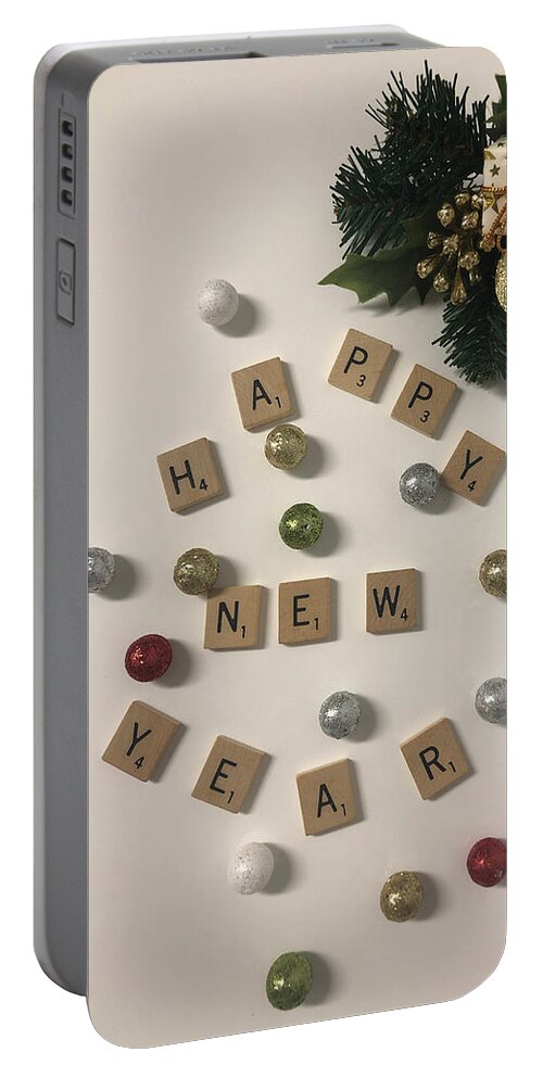 Scrabble Tiles Spell Out A New Year's Greeting Portable Battery Charger featuring the mixed media Happy New Year by Moira Law