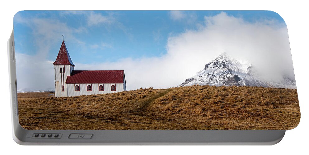 Iceland Portable Battery Charger featuring the photograph Hellnar church in Snaefellsnes peninsula of Western Iceland. by Michalakis Ppalis
