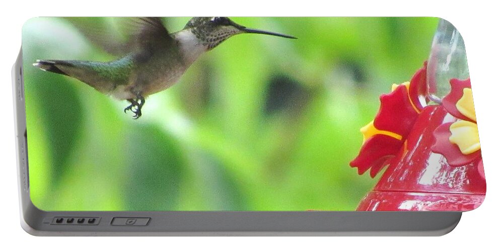 #hummingbird #summertime #northgeorgia #chesnutmountain #flightof #red #green #featured Portable Battery Charger featuring the photograph Here I Come #2 by Belinda Lee